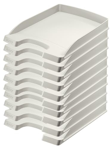 Leitz Platt brevkorg A4, 10-pack, brevfack i premiumkvalitet, stapelbara förvaringsfack som skrivbordsförvaring, kan kombineras med Plus-serien, grå, 52370085