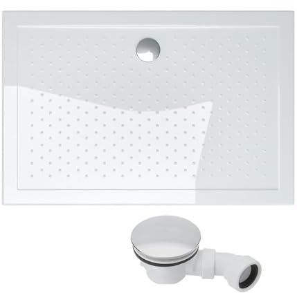 doporro Plato de Ducha Rectangular Antideslizante 70x80x4 cm – Acrílico Blanco con Válvula de Desagüe AL02, Conexiones DIN, Instalación a Ras de Suelo – Lucia02