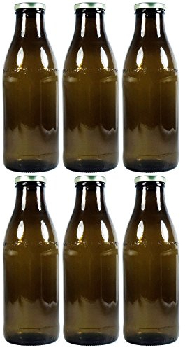 Viva-Haushaltswaren Gabriele Hesse e.K. 6 Braune Milchflaschen 1 Liter mit Schraubverschluss, Saftflasche zum befüllen, inkl. Trichter