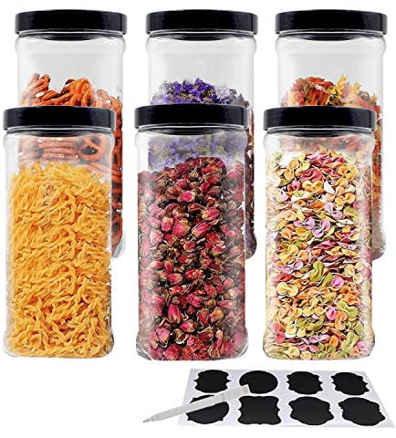 YBCPACK 6 Stück 1100 ml große transparente Kunststoff-Vorratsdosen mit Deckel und Etiketten, ein Stift, breite Öffnung, BPA-freier PET-Behälter, für Zuhause, Küche, Aufbewahrung für trockene Waren,