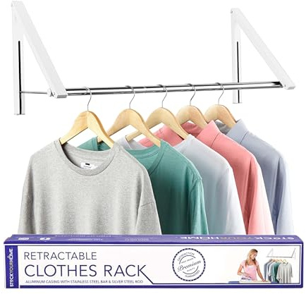 Double Foldable Clothing Rack w/Extension Rod, Wall-Mounted Retractable Clothes Hanger for Laundry Dryer Room, Hanging Drying Rod, Small Collapsible Folding Garment Racks, Dorm Accessories (White)