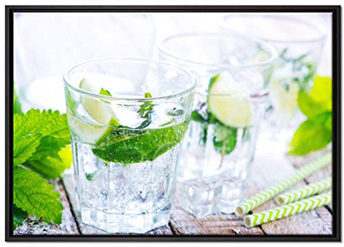 Pixxprint Mojito-Gläser mit Minze Leinwandbild 100x70 cm im Bilderahmen, Wandbild, Schattenfugenrahmen, Kein Poster