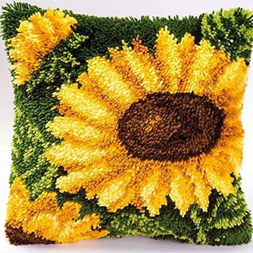 LAPATAIN Latch Hook Kits for DIY Throw Pillow Cover,Yellow Sunflower Pattern Needlework Cushion Cover Hand Craft Crochet for Great Family 17X17inch
