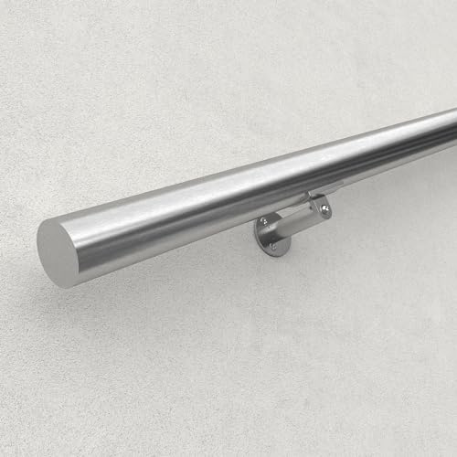 Muzata 3Ft Pre-drilled Stair Handrail 2 OD Round Brushed Wall Mounted Handrail Stainless Steel Safety Hand Rail Indoor Outdoor Stair Hand Railing Wood Concrete Brick Wall, HK27 SL4