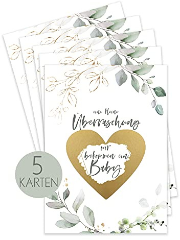 HIMMEL.HERZ.PAPIER® Schwangerschaft verkünden I Baby Verkündung I Rubellose Geschenk schwanger I Glückslos Schwangerschaft - Wir bekommen ein Baby - 5er Set GrünGold