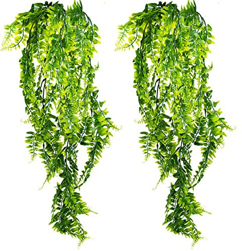 2 Pack Artificial Hanging Plants, Plastic Fake Ferns Ivy Green Leaves Hanging Garland, Fake Vine Hanging Basket, Greenery Faux Trailing Plant for Room Decor, Garden, Indoor Outdoor, Wall Decoration