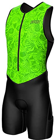 Sparx Men's Premium Triathlon Suit - Padded Tri Suit for Swim, Bike, Run (XtremeSkulls, 2XL)