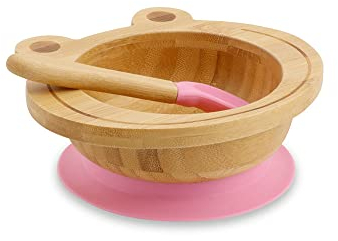 BIOZOYG Bambusschalen-Set Frosch I Saugnapf-Schüssel mit Löffel - FSC-zertifiziert I tolles Bambus Holz-Schüssel-Set f. Kinder - Baby-Brei-Schüssel & Müslischale I Baby Bambus-Geschirr pink