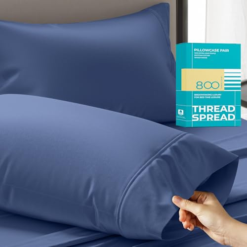 THREAD SPREAD 100% Egyptian Cotton Queen Pillow Cases Set of 2 - Luxury 800 Thread Count Queen Pillow Cases (Deep Blue), Soft Cooling Breathable Hotel Quality Cotton Pillowcases, Fits Standard Pillows