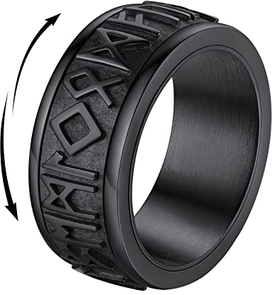 FindChic Spinner Ring Schwarz Herren Anti Stress Ring Männer Nordische Runen Fidgetring Edelstahl Drehring mit Geschenkebox für Geburtstag Weihnachten, 62
