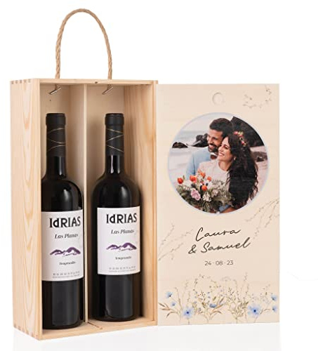 Wanapix | Pack Caja de Vino Personalizada con 2 Botellas para Regalar | Vino Ecológico + Caja de Vino Personalizada | Vino Regalo Ocasional Perfecto (Caja Doble, 1 Tinto + 1 Blanco)