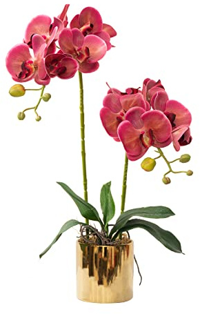 Artificial Orchid Flowers Fuchsia Faux Orchids with Ceramic Vase Vivid Fake Phalaenopsis Flower Arrangement Gorgeous Artificial Plants for Office Desk Wedding Party Exhibition Center&Home Table Decor
