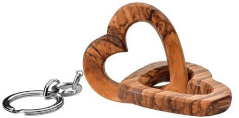 Kassis Geschenkartikel Olivenholz - Schlüsselanhänger Herzen für Brautpaar, zum Valentinstag, Jubiläum, Hochzeitstag, Geburtstag - verbundene Holz-Herzen - Hochzeitsgeschenk - (5 cm)