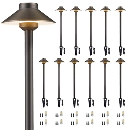 Gardenreet Solid Brass Pathway Light - 12v Landscape Path Lights Outdoor Waterproof, Electric Walkway Lamp Wired, Hat Shape Antique Bronze Garden Decoration with 3W 270LM 2700K G4 Bulb (12 Pack)