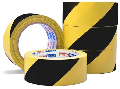ADHES Gefahrenband, Sicherheitswarnung, gelb, schwarz, gestreift, PVC, selbstklebend, Vorsichtsklebeband, für Bodenmarkierung, Wände, Rohre und Gerätemarkierung, 5 cm x 32 m, 5 Rollen