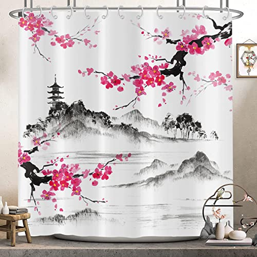 Hnmdmyi Duschvorhang Kirschblüten 180x180, Asiatisch Japanisch Stil Rosa Blumen Duschvorhänge Aquarell Berg Kunst Badewanne Vorhang Wasserdicht Polyester Stoff Waschbar Badevorhang mit Haken