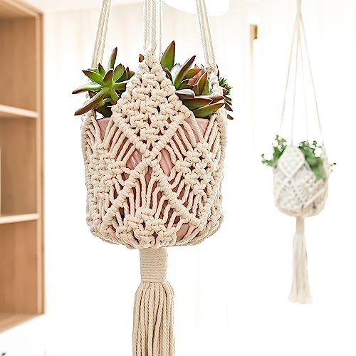 XINBOR Hanging Planter with Patterns,2Packs Macrame Plant Hangers Indoor Macrame for up to 8 inch Pot Crochet Boho Plant Hanger Holder for Indoor Outdoor with 2S Shaped Stainless Steel Hooks (White)
