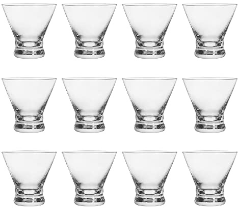 BTGLLAS Set of 12 Martini Glasses - 8-Ounce Cinched Design Cocktail Glasses with Heavy Base, Stemless Construction for Stability - Sturdy and Elegant Bar Glasses (Glass, Clear12Pcs)