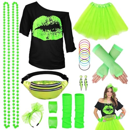 WILDPARTY 80er Jahre Outfit Damen Set, T-Shirt, Tutu, Gürteltasche, Stirnband, Ohrring, Halskette, Netzhandschuhe, 80er Jahre Kleidung Kostüm Neon Accessoires Party Karneval Clothes-80SMouth-Green-S