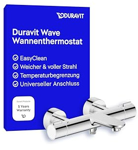 Duravit Wave Surface Mounted Tap for 2 Consumers with Diverter Valve, Bath Thermostat with Ceramic Mixing System, Chrome