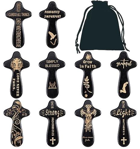Handkreuz aus Holz - Geschnitztes tragbares tragbares Gebetskreuz zum Anhängen in der Tasche, 10 Stück - Holzkreuz-Dekorationen mit Samtbeuteln für Taufen, Baby-Willkommenspartys, Geburt