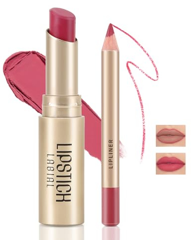 Boobeen Set di 2 Pezzi di Fodera per Labbra e Rossetto, Ultra-Long-Lasting Nude Matte LipLiner Cremoso Rossetto Impermeabile Colore Labbra