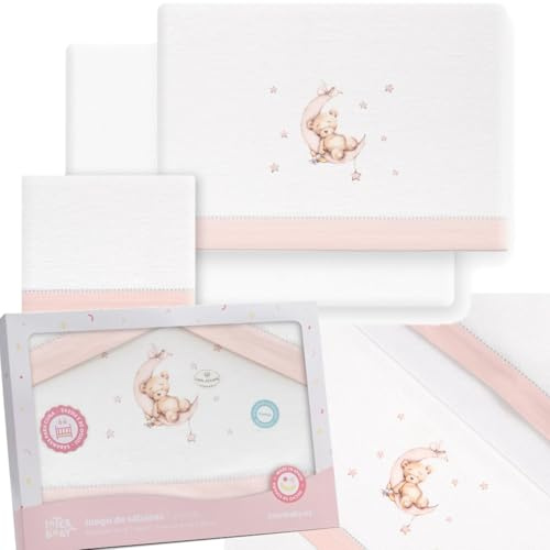 mibebestore - Juego de Sábanas para Cuna 60x120 cm de Franela 100% Algodón | Sábanas de Invierno para Bebé, Cálidas y Suaves | Set 3 Piezas con Bajera Ajustable, Encimera y Funda de Almohada | Oso