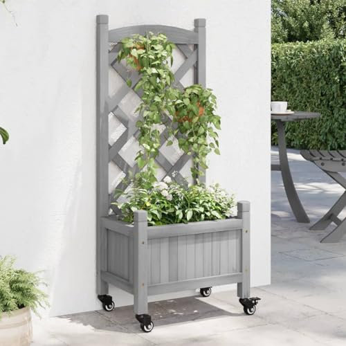 LAPOOH Jardinière avec Treillis et Roues Gris Bois Massif de Sapin,Jardiniere sur Pieds,Bac avec Treillis,Jardiniere Terrasse