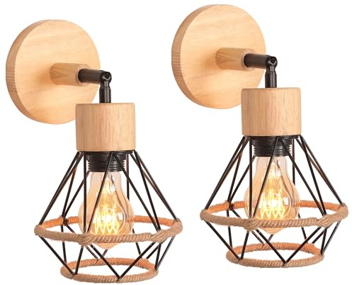 TOKIUS 2 Stücke Wandlampen Vintage 16CM Wandleuchte Innen im Industrial Design Retro E27 Lampe aus Holz Eisen Käfig Lampenschirm mit Hanfseil Verstellbare Deckenleuchte für Flur Wohnzimmer (Schwarz)