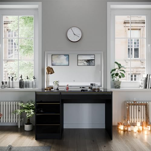Vicco Schminktisch Sherry, Schwarz/Gold, 120 cm | mit LED-Spiegel, mit LED-Beleuchtung und großem rechteckigem Spiegel
