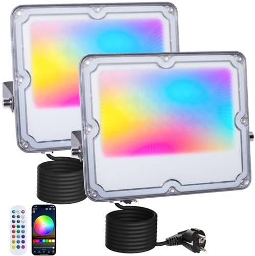 MEEKBOS 2-Pack RGB LED Strålkastare 30W Utomhus, Dimbar RGB Floodlight med Bluetooth APP & 2.4G Fjärrkontroll, IP66, 16 Miljoner Färger, 3000LM, för Trädgård, Halloween, Påsk, Landskapsbelysning