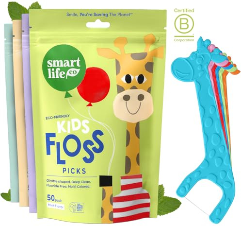 SmartLifeco Eco-Friendly Kids Flossers (200ct) - Dental Floss Picks for Children Made with Straw Wheat, Fluoride & PFA Free, Toothpick Flossing Sticks for Toddler Teeth, No Shred Thread, Mint