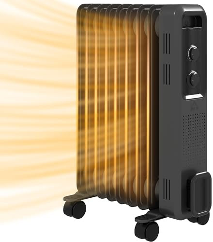 HOMCOM 2000W Oil Filled Radiator, 9 Fin, Portable Electric Heater with 3 Heat Settings, Safety Cut-Off and Wheels, Grey