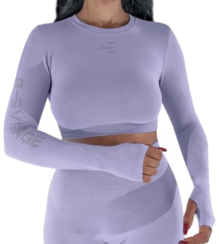 R-EVENGE Crop Top Q-Skin, Maglia Tecnica Donna a Manica Lunga per Tutte Le attività in Palestra e Outdoor (IT, Testo, S, M, Regular, Regular, Lilla)