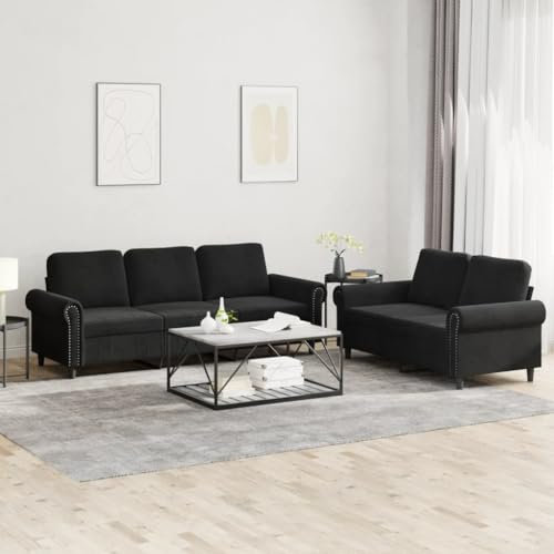 Homgoday 2-TLG. Sofagarnitur mit Kissen Sofa Couch Wohnzimmersofa Loungesofa mit Armlehnen, Couchgarnitur Designsofa Sitzmöbel Polstermöbel für Wohnzimmer Büro Schwarz Samt