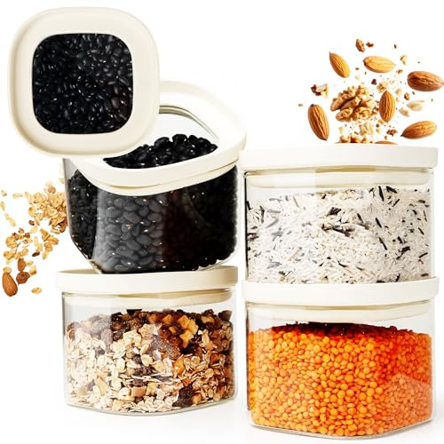 Dalena Home® Bocaux Verre Hermétique Empilable, Set de 4 Verre Borosilicate Robuste + Etiquettes (4x 500ml) - Boîte Rangement Cuisine - Pot Carrée