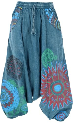 GURU SHOP Haremshose, Stonewash Pluderhose, Pumphose, Aladinhose - Petrol/bunt, Damen, Size:S/M