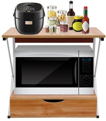 Racks de cuisine à 2 niveaux, pour cuisine, boulangerie, four à micro-ondes, étagère de cuisine en bois avec 1 tiroir, 54 x 35 x 50 cm