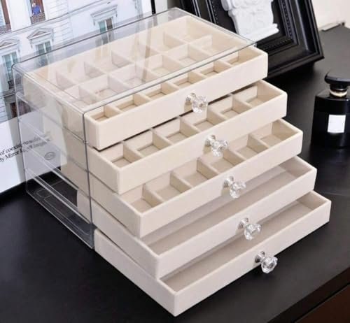 HealthyMoov Organisateur bijoux coffret bijoux tiroir de rangement velours 5 niveaux pour ranger colliers chaînes pendentifs boucles d'oreilles bagues acrylique transparent plastique léger Beige