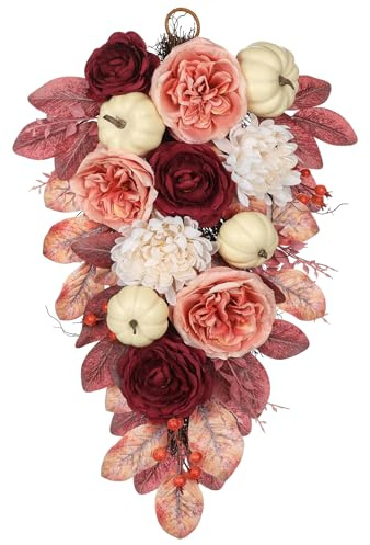60cm Herbstkranz Künstlich Chrysantheme Rose Blumenkranz Deko groß mit Tannenzapfen und Beeren Herbstkranz Kürbis Deko für Haustür, Wände, Fenster, Kamin, Tisch Herbst Dekoration, Halloween Decor