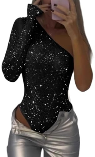 Generisch Damen One-Shoulder-Pailletten-Body, Schwarz, XL