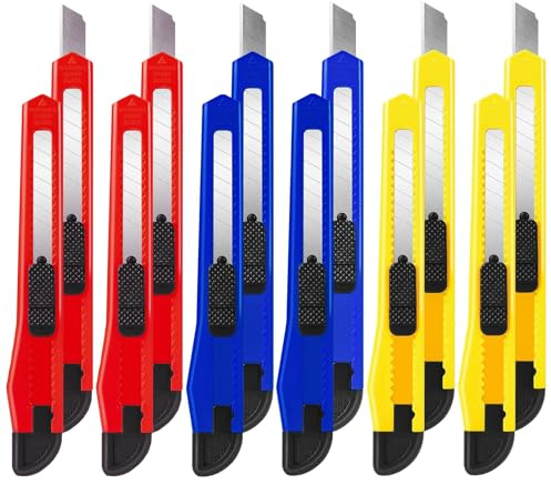 Utility Knife Box Cutters, 12 Pack Bulk Retractable Razor Knife Set with 9mm Snap-Off Blades, Compact Safety Cutters for Cardboard, Office, Crafts, Paper, Home, and Packaging, Multicolor