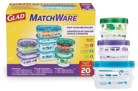 Glad GladWare MatchWare Food Storage Containers with Lids, BPA Free Reusable Plastic 20 Piece Variety Pack for Lunches, Meal Prep, and Leftovers, Leak Resistant, Microwave and Dishwasher Safe