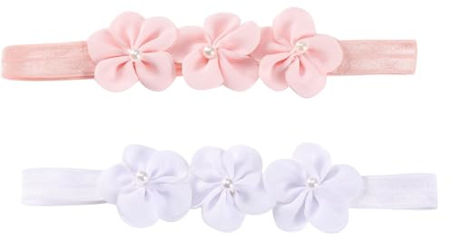 2 Pcs Diadema de Flores, Recién Nacida, Bebe, Lindo Lazo para el Cabello, Cinta de Tela Colorida, del Bebé del Bowknot de la Cinta del Grosgrain Stretch para los Niños Pequeños (Blanco/Rosa)
