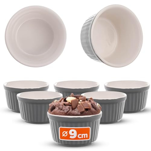 KADAX 6er Set Soufflé Förmchen Set, Ø 9cm Crème Brûlée Schälchen, kleine Ofenförmchen aus Keramik für Creme Brulee, Souffle & Ragout Fin (Grau)