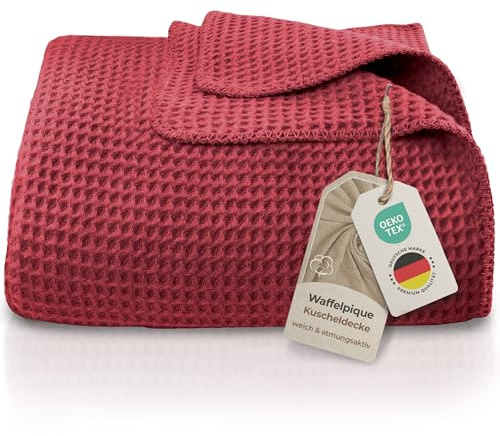 LAYNENBURG Premium våffelpiké, bomullstäcke, 150 x 200 cm – Oeko-TEX 100 – bomullsblandning, gosig filt, filt som filt, sofffilt och sofffilt – ullfilt, gosig varm av bomull (Bordeaux)