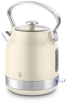 Swan SK14631C Retro Traditional Kettle, Rapid Boil, Removable Limescale Filter, Easy Pour, 360 Degree Base, Water Indicator Window and Boil Dry Protection 1.7L, 3KW, Cream and Stainless Steel