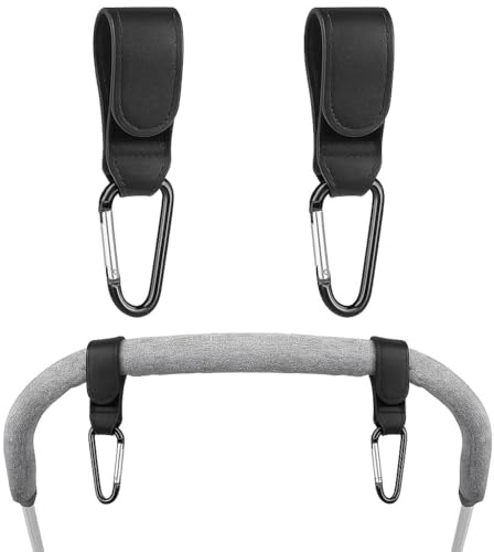 Trifletopia 2-Pack Pram Hooks – PU Leather Stroller Clips for Diaper Bags, Backpacks & Shopping Bags, Durable Pram Bag Hangers (Black)