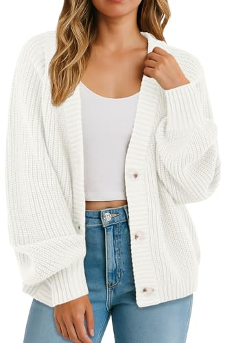 GRECERELLE Women's Cardigans Soft Long Sleeves Jumpers Ladies Knit V Neck Oversized Sweater Loose Chunky Cardigan with Buttons for Women UK,Autumn,Winter, Spring (White, M)
