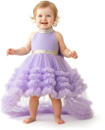 Lito Angels Robe en Tulle Fille avec nœud au Dos | Jupe tulle superposée, ourlet asymétrique, dentelle dorée, col montant, nœud au dos, Mariage, Baptême, Anniversaire, Noël